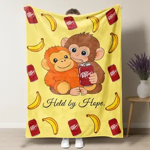 Team Punch "Held by Hope" Cute Monkey & Dr Pepper Flannel Blanket, Whimsical Banana & Soda Can Graphic Throw Blanket, Perfect for Punch The Monkey Fans & Cozy Home Decor