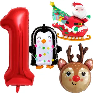 Christmas Foil Balloons Christmas Birthday Balloons Number 1 Penguin Santa Claus Reindeer Balloon For Reindeer Themed Party Decoration Supplies Decor Santa Ballons Arch Kits Party Balloon Set 4Pcs