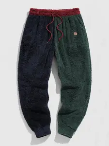 Men's Teddy Fleece Colorblock Embroidered Leather Patch Casual Slant Pocket Pants, Spring & Fall Woven Fabric, Basic Style, Fitted Thin Design