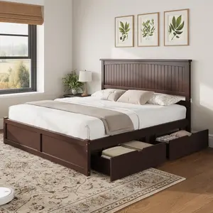 AMERLIFE Solid Wood Storage Bed Frame with 50" Tall Headboard, Mid-Century Modern Platform Bed with 2 Drawers, No Box Spring Needed