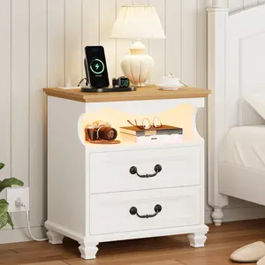 LIKIMIO Farmhouse 2-Drawer Storage Nightstand with Charging Station & LED Lights, Wood Finish Versatile Side Table for Bedroom, Indoor Modern Furniture LIKIMIO Farmhouse 2-Drawer Storage Nightstand with Charging Station & LED Lights, Wood Finish Versatile Side Table for Bedroom, Indoor Modern Furniture