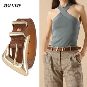 Risantry Women's Brown Textured Belt with Sculptural Gold Buckle - Polished Statement Belt for Everyday Dressing