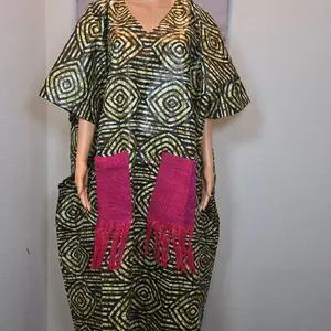 Women's Adire Kaftan Gown with Aso Oke Pocket Design