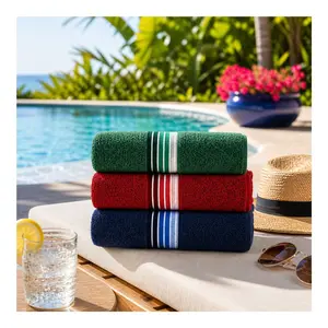 Basic Bath Towel, Soft 100% Cotton Striped Towel, Red, Blue, Green Pack of 3