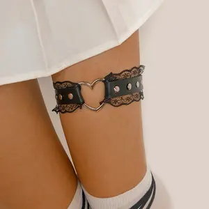 Women Girl Leather Heart Garters Leg  Belt Punk Studded Lace Elastic Thigh  Garters Adjustable Ring summerwins
