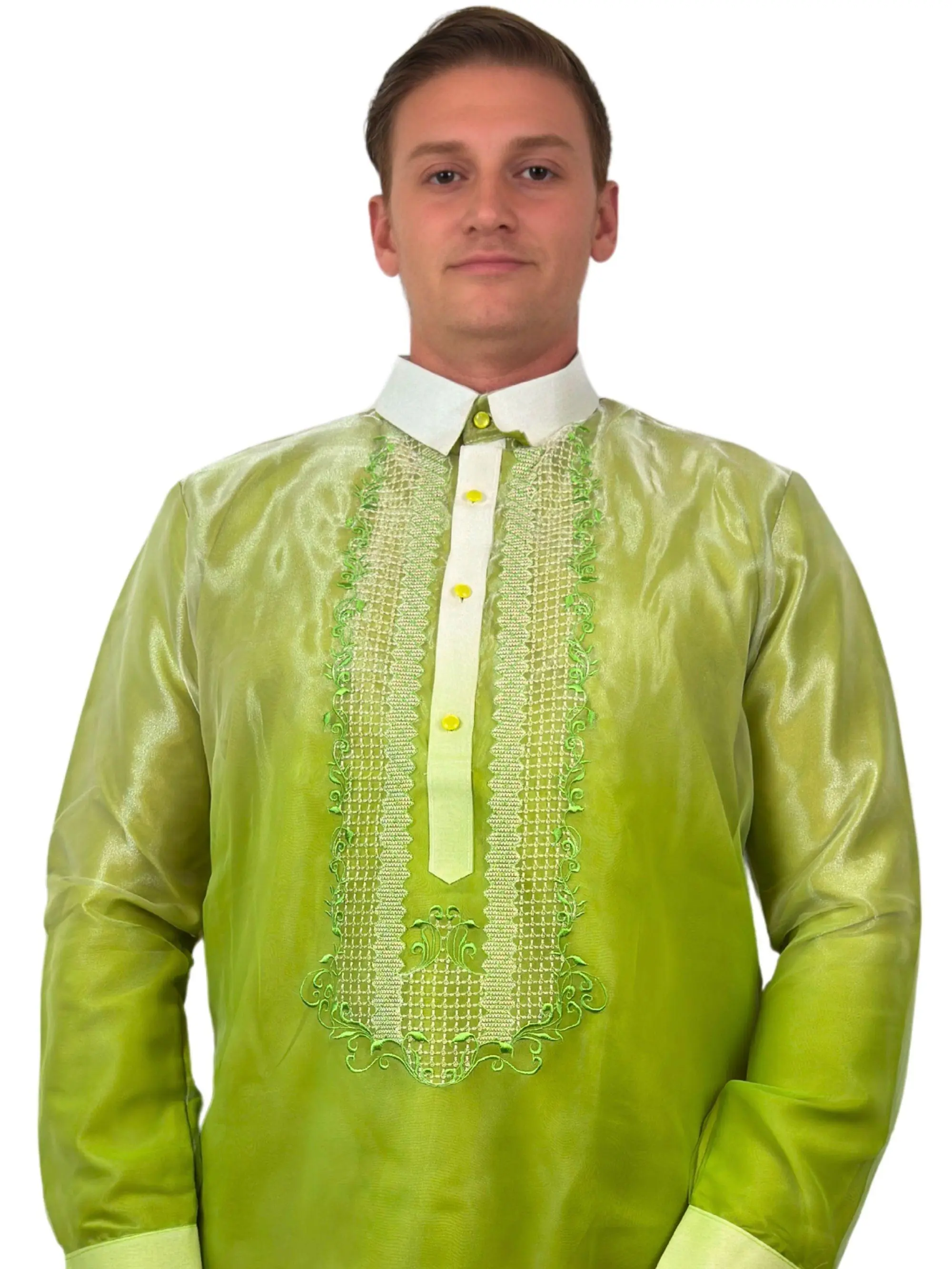 Handmade Kapamilya Barong Tagalog for Men - Long Sleeve Traditional Filipino Shirt - Green Organza - US Size