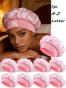 1PC Women's Letter Printed Silk Sleep Cap with Elastic Wide Brim, Non-Slip Design for Hair Protection, Soft and Breathable Turban Hat