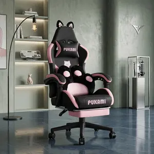 Pink Cat Gaming Chair for Girls, Cat Paw Lumbar Cushion + Cat Ears, Ergonomic Reclining Computer Chair with Footrest & Headrest