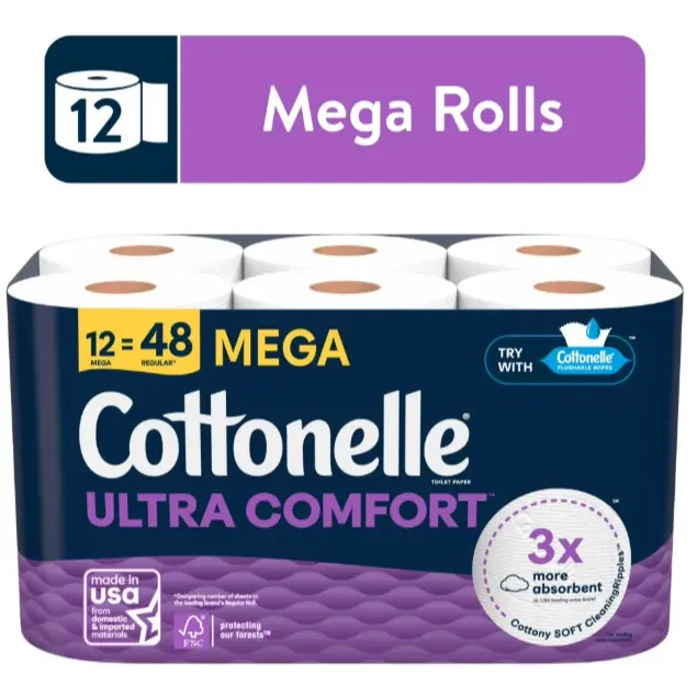 Cottonelle Ultra Comfort (soft) Toilet Paper, Soft Toilet Tissue, 12 Mega Rolls Cleaning Sheets
