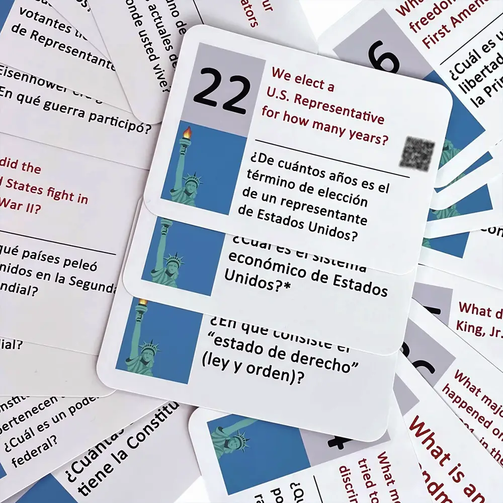 Includes Audio QR Code | U.S. Civics Test Flash Card Combo Set (Bilingual Cards and Booklet: English/Spanish) with 100 Common Questions. An ideal stud