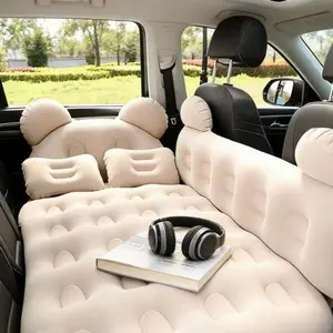 Cute Chubby Bear Light Khaki Soft Car Air Mattress, Portable Storage Car Accessory, Ideal for Wild Camping/Beach Play/Lying Rest During Long Self-drive Trips