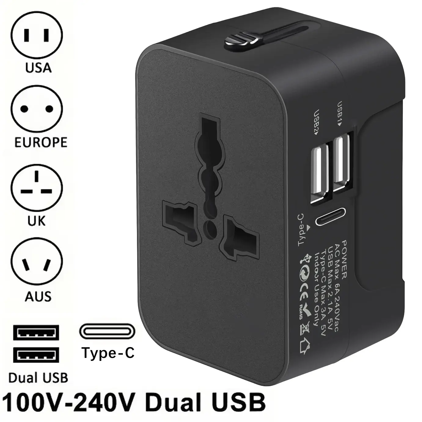 Universal Travel Adapter With 2 USB or Type-C Ports Power Charger Adapter Socket Plug Adaptor For EU UK US AU