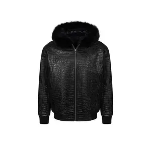 Croc Print Bomber Jacket - 100% Genuine Leather with Hood & Rib Knitted Cuffs