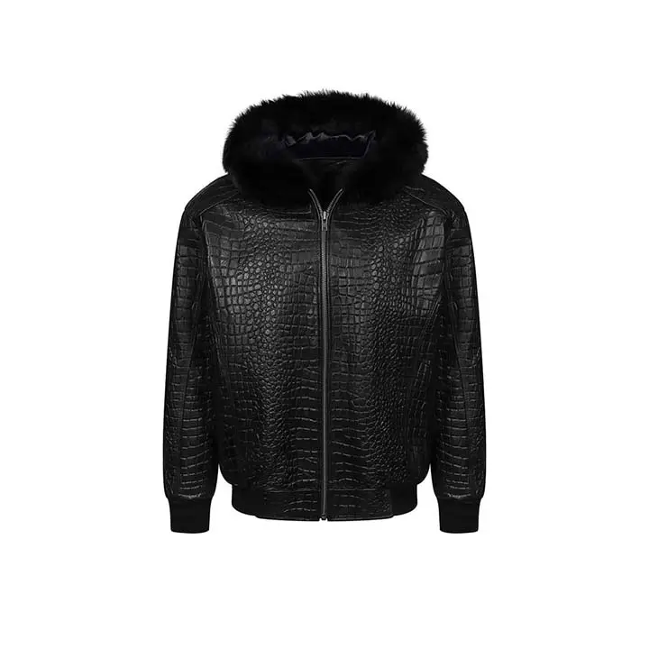 Croc Print Bomber Jacket - 100% Genuine Leather with Hood & Rib Knitted Cuffs