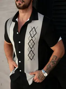 Men's Summer Plus Size Diamond Grid Striped Shirt, Tall Casual Short Sleeve Button-Up, Comfortable and Stylish