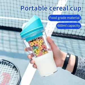 2-In-1 Portable Lightweight Breakfast Cup, Dry & Wet Separated Cereal Milk Container, On-The-Go Commute Plastic Oatmeal Cup for Daily Use