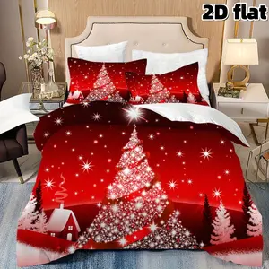 2D Flat 3Pcs Christmas Tree Bedding Red Winter Holiday Themed Duvet Cover Glowing Snowflake Star Pattern Microfiber Pillowcase Cozy Home Decor Festive Bedroom Decoration Christmas Gift For Family Decorative Bedding Set