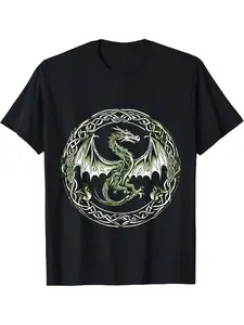 Tribal Irish Green Celtic Knot Fantasy Celtic Dragon T-Shirt| Men'S Casual Comfortable Crew Neck Short Sleeve, All-Season Wear, 220g