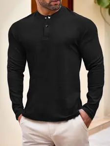 Men's Solid Round Neck Long-Sleeve Button Henley Shirt, Slim Fit Thermal Henley Tee, New Casual Sports Pullover for Spring/Fall, Outdoor Fitness Top, Classic Versatile Inner or Standalone, Today's Clearance Sale, Focus Item, Wardrobe Essential.