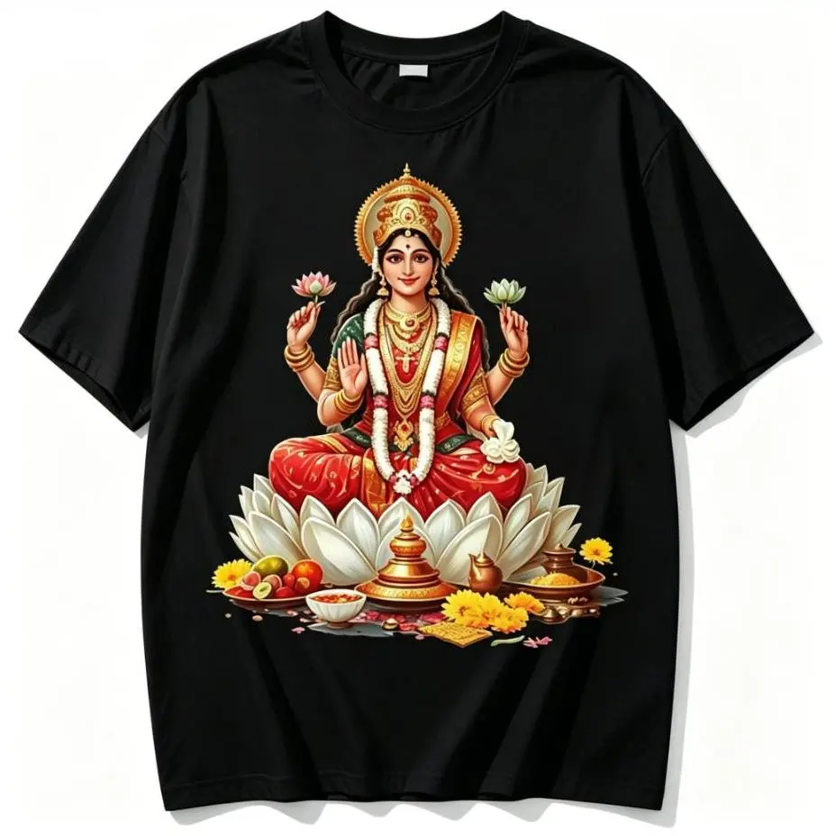 Goddess Lakshmi Graphic T-Shirt, Women's Casual Soft Cotton Blend Shortsleeve Everyday Religious Tee