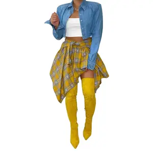 Women's Nightclub Fashion Irregular Plaid Tied Sleeve Fake Shirt Skirt