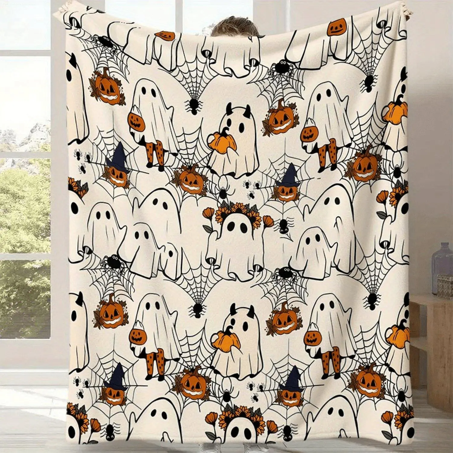 1pc Pumpkin Spider and Cobweb Pattern Flannel Halloween Themed Flannel Blanket - Soft, Cozy, All-Season Comfortable Sofa Cover, Autumn Design, Perfect for Home Decor, Halloween Blanket