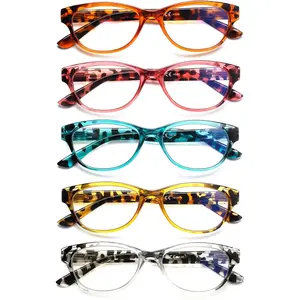 Ladies Cat Eye Reading Glasses 5 Pairs Blue Light Blocking Spring Hinge Fashion Pattern Print Readers for Women