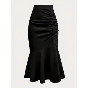 Women'S Elegant Black Mermaid-Style Skirt with Ruffled Hem t, Date Night Attire | Skirt  Womenswear Bottom Frill Knit Solid Comfort Palda Chic