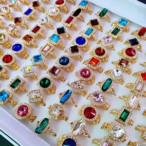 30Pcs/pack, Colorful Glass Rhinestone Inlaid Zinc Alloy Women's Rings, Luxurious and Elegant Mixed Styles Multi-Piece Set, Fashion Gemstones Jewelry for Party, Wedding, and Daily Wear, Randomly Shipped in OPP Bag Packaging