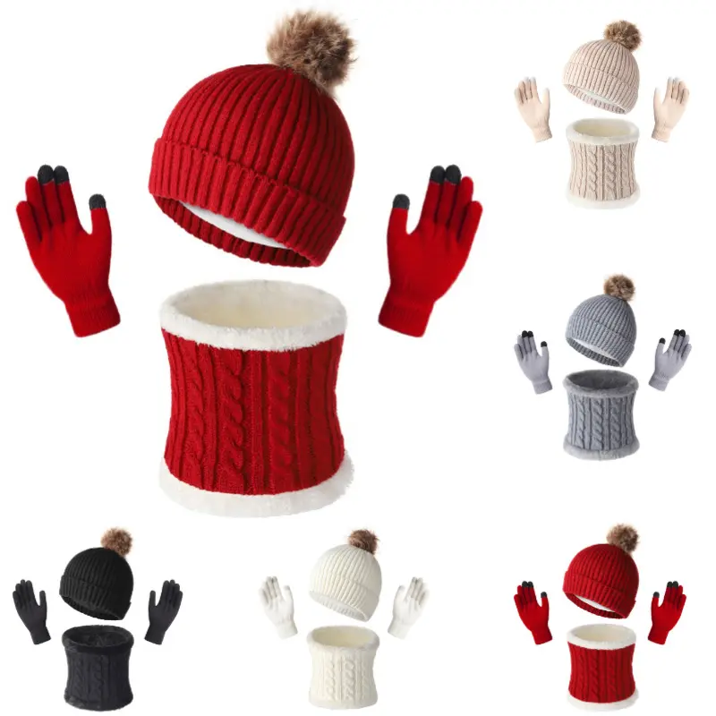 Winter Beanie Hat Scarf Gloves Set Knit Warm Beanie with Pompom Fleece Lined Neck Warmer for Women Gifts Christmas