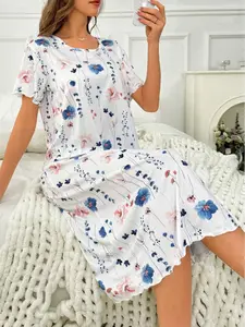 Floral Print Women's Short Sleeve Fitted Sleepwear Loungewear Dress, Perfect Summer Nightgown, Comfortable and Stylish Pajama Gown for Ladies, Womenswear, Garment