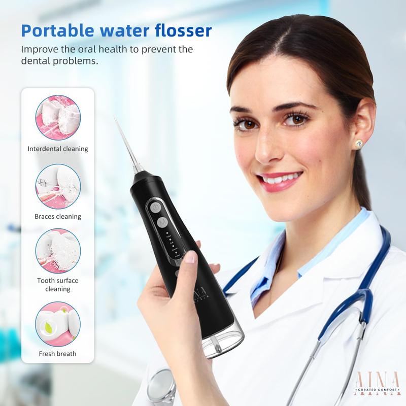 AINA  All-in-1 Water Flosser & Brush - 4 Modes, 6 Jet Tips, 310ml Large Tank & braces tips - Cordless Portable Rechargeable Oral Irrigator for Home & Travel - IPX7 Waterproof Dental Cleaning (Black)