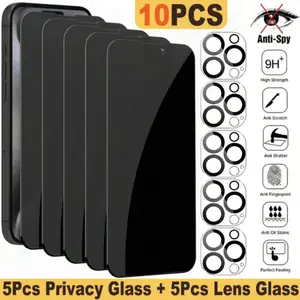 iPhone Privacy Screen Protector - 5 Pack 9H Tempered Glass Protective Anti-Scratch Anti-Peek Screen Protector with 5 Camera Lens Protectors for iPhone 17/16/15/14/13/12/11 Pro Max Pro Plus Mini iPhone 14-16 Series