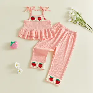 Meihuida Toddler Baby Girl Summer Outfits Crochet Strawberry Ruffled Camisole + Elastic Waist Long Pants 2 Pcs Set 6M-4Y