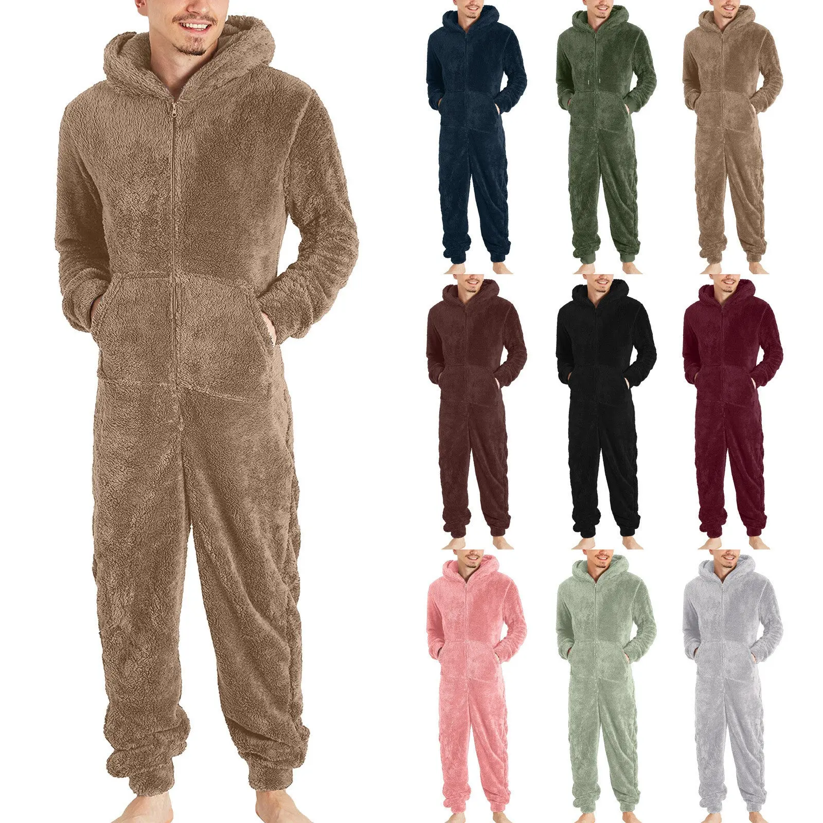 Men's Fashion Jumpsuit Thermal Pajamas - Casual Beige Polyester Nightwear with Mint Fabric