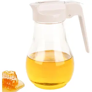 13.5 oz glass syrup dispenser with no-drip stainless steel spout — honey jar, maple syrup pourer, and oil cruet — cream-colored kitchen container for pancakes and waffles