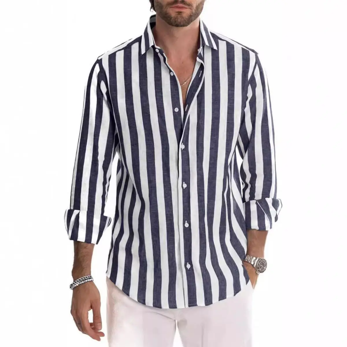 Men's Chic Long-Sleeve Striped Loose Lapel Cardigan-Style Slim Fit Polyester-Cotton Shirt, Moisture-Absorbing Sweat-Wicking Casual Menswear Tops for Daily Wear