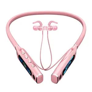 Neckband Bluetooth earphones, wireless sports earbuds, 80 hours battery life with LED display, Bluetooth 5.4 magnetic earbuds, comfortable wear for running and travel (pink).
