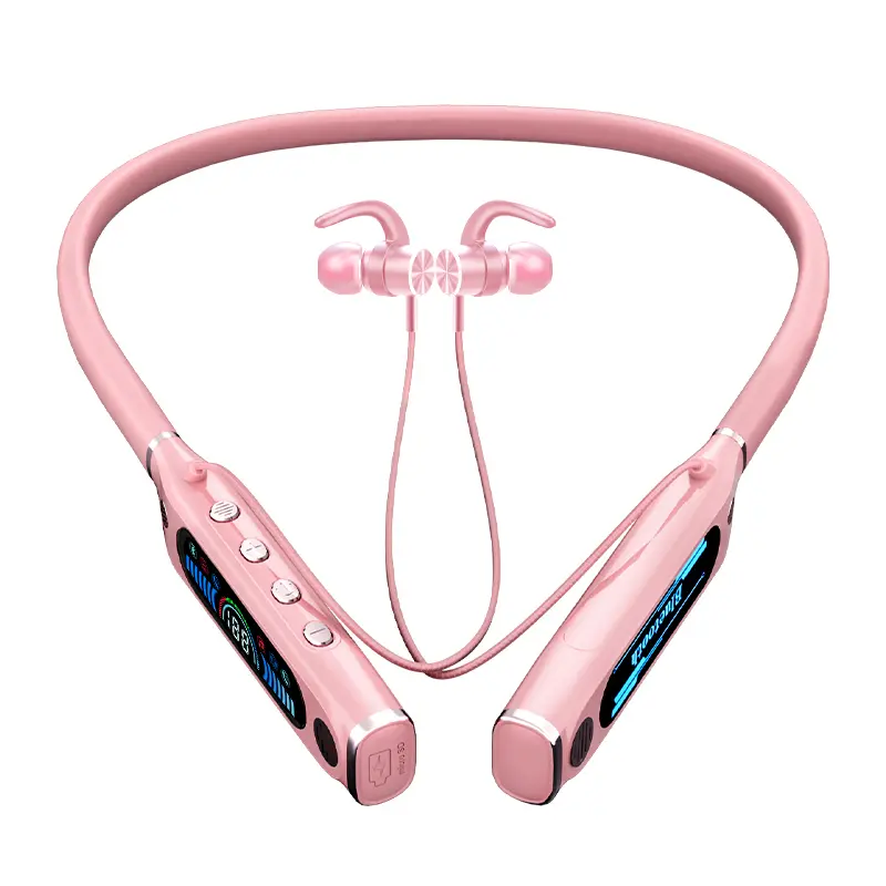 Pink Bluetooth 5.4 Neckband In Ear Electronic Earphones - Wireless Sports Waterproof Headphones with 80-Hour Battery Life, LED Display, Magnetic Design, Hands Free Calls for Running & Travel