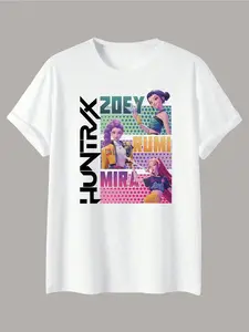 Kpdh Youth Graphic Casual Fitted Round Neck T-Shirt, Huntrix Group Print Top Featuring Mira Rumi Zoey, K-Pop Devil Hunter Fan Favorite Idol Merchandise