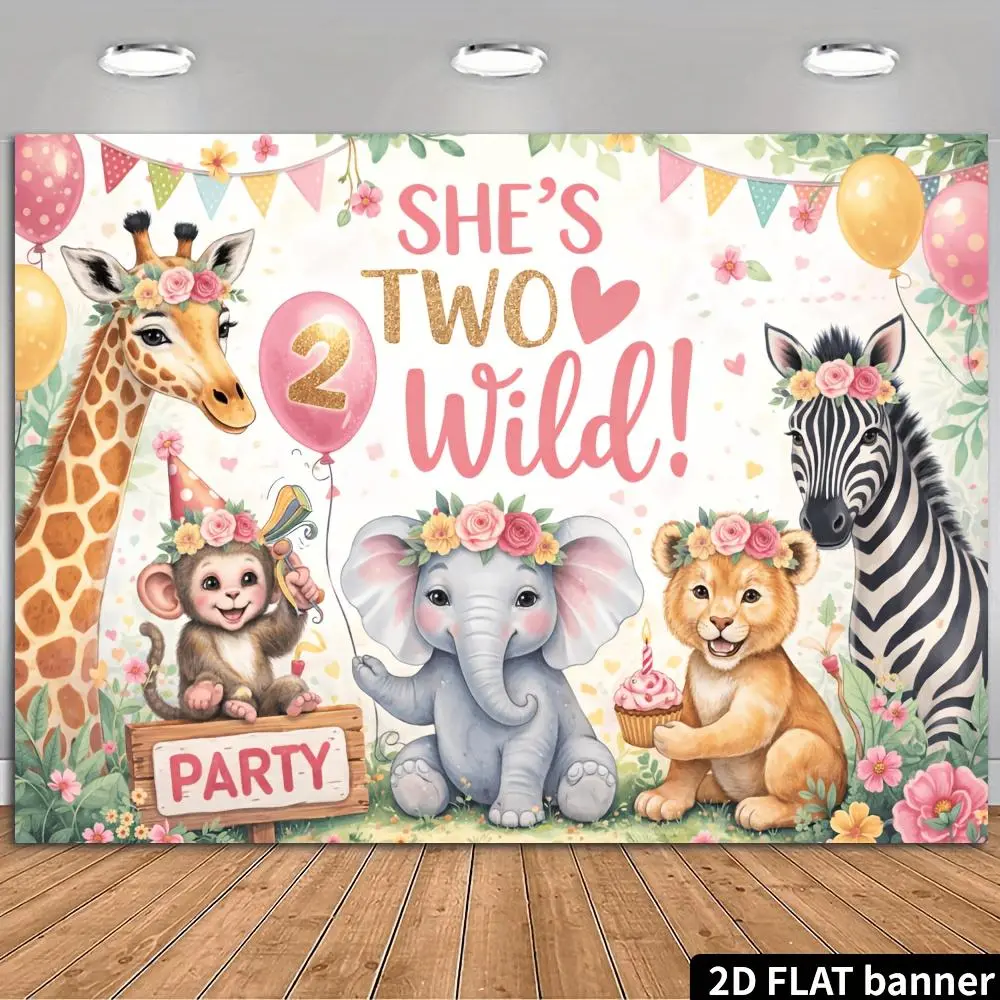 2D Flat Banner Polyester Photography Backdrop, HD Digitally Printed Soft Lightweight Foldable Machine Washable Background Cloth, featuring a cute jungle safari animal "She's Two Wild" theme for a girl's 2nd birthday party photos,