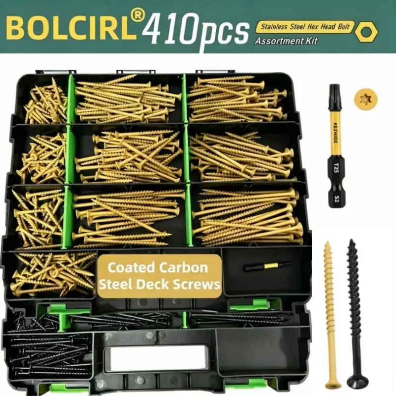 Yellow & Black Torx Head Deck Screws #8 #9 #10 Assortment, Heavy-Duty Rust-Proof, with T25 Bit & Double-Sided Storage Case, for Outdoor Furniture & Deck Construction