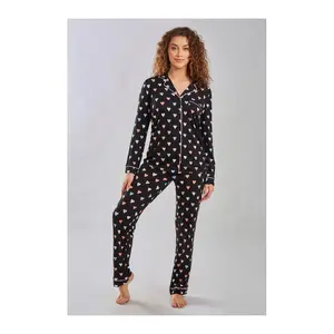 iCollection Multi Hearts Button Front Pajama Lo unge Set