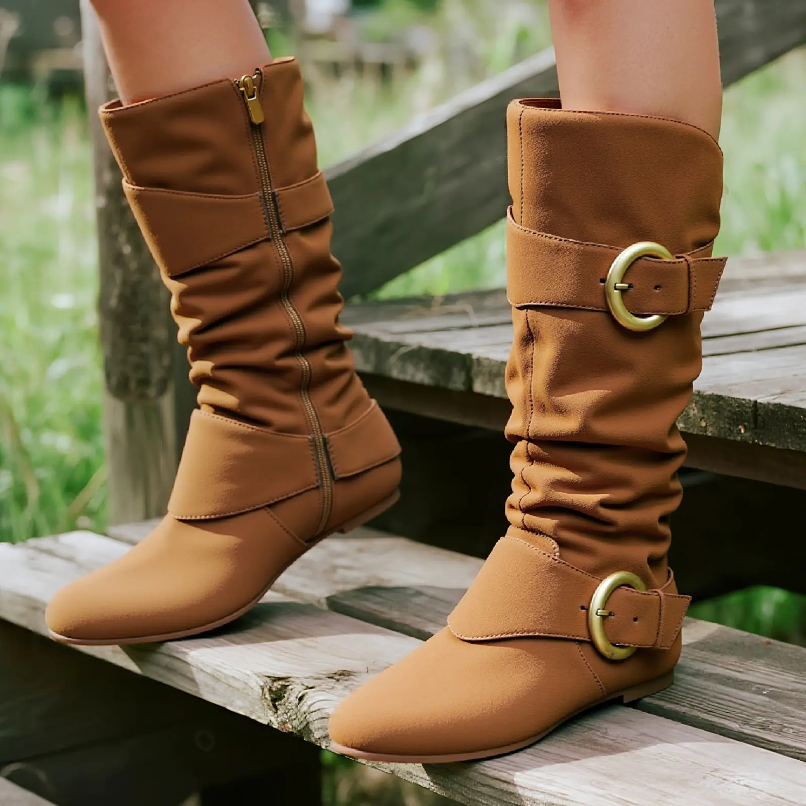 Women's Slouchy Knee-high Boots Solid Color Wide Calf Faux Suede Flat Heel Round Toe with Side Zipper & Metal Buckle Decor Accent Footwear Fashion Trendy Fall Winter Female All-match Tall Long Boots Botas for Daily Wear