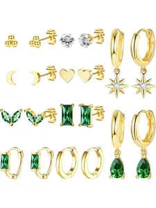 10 Pairs Gold Plated Huggie Hoop Studs Earrings for Women Small Dangle Hoop Earring Stacks Green Earrings Set for Multiple Piercing