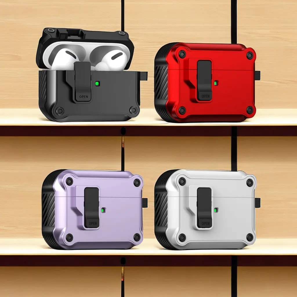 For AirPods 1/2/3/4 & AirPods Pro 1/2/3 Gen Case, Secure Lock Auto Pop-Up Lid Military Grade Shockproof Hard Shell Protective Cover, Full Body Drop Protection Armor Earphone Case with Visible LED & USB-C/Lightning Compatibility