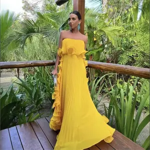 Trendy Women Summer Holiday Dress Orange Pleated Chiffon Long Formal Dresses Custom Made Ruffled Strapless Beach Party Dress Womenswear Workwear