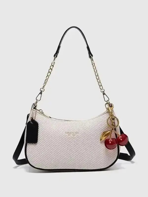 Fashion Classic Letter Pattern Shoulder Bag, Colorblock Pu Material White Crossbody Moon Bag, Suitable for Shopping, Long Strap Available Work Suede Trendy Handbag Fashion Bag Wedding College Bag Polyester