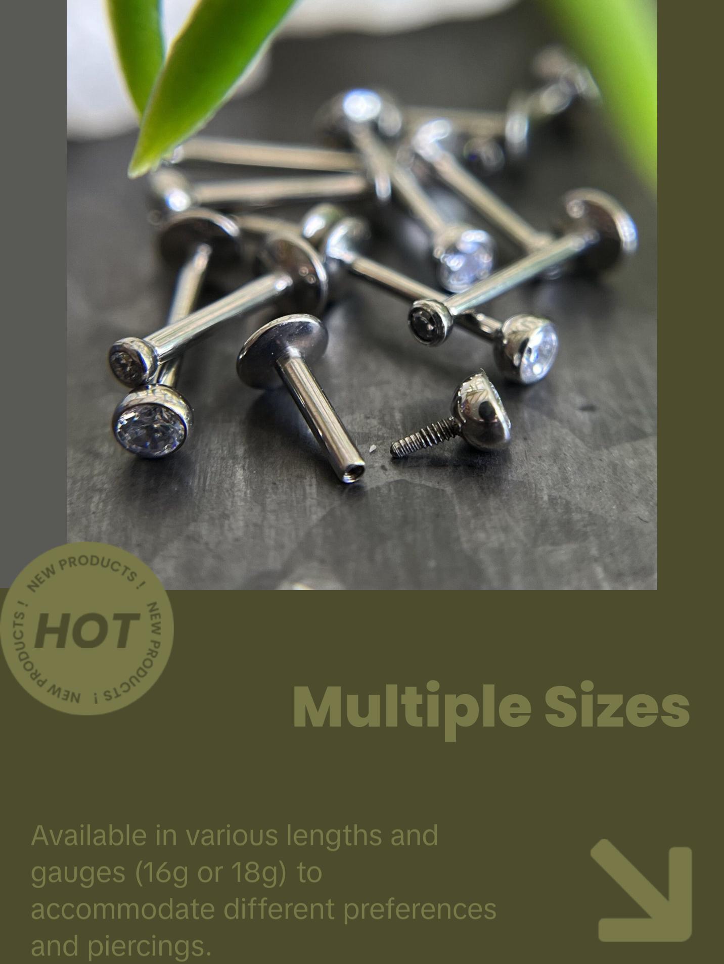 1 Piece of Internally Threaded Solid Titanium Bezel Gem Labret Stud Lip Ring - 16g or 18g - Gem Size: 2 or 3mm - Lengths - 6mm, 8mm or 10mm!