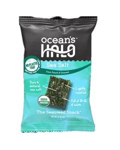 Ocean's Halo Vegan Gluten-Free Sea Salt Trayless Seaweed Snack 4 Pack 0.14 oz Nori Sheets USDA Certified Organic Non-GMO Wasabi Style Seasoning 5 Pack